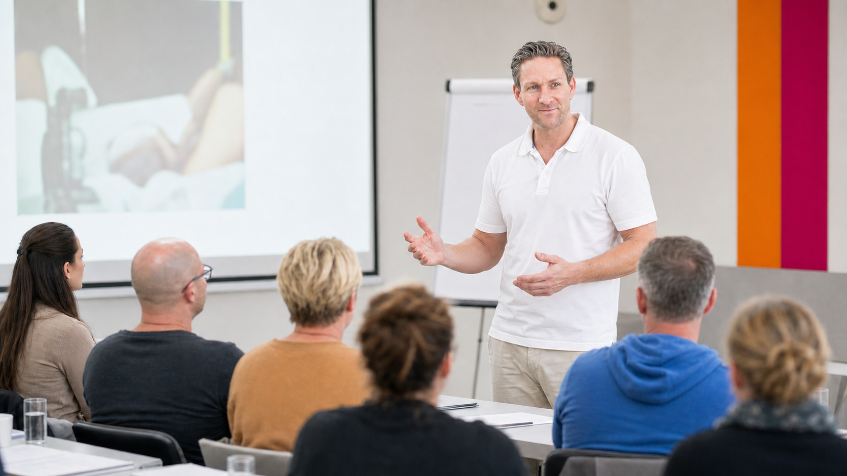 Dozent unterrichtet eine Physiotherapie-Fortbildung im hellen Seminarraum